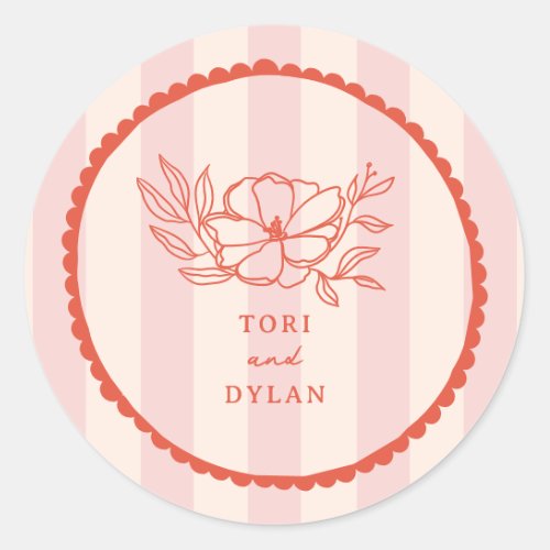 Floral Pink Tropical Stripe Wedding Classic Round Sticker