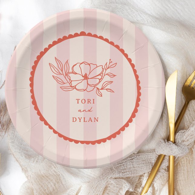 Floral Pink Tropical Stripe Wedding Paper Plates (Creator Uploaded)