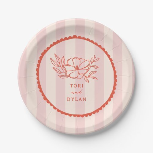 Floral Pink Tropical Stripe Wedding Paper Plates