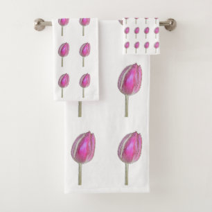 Floral Pink Tulip Flower Bud Patterns White Cute Bath Towel Set