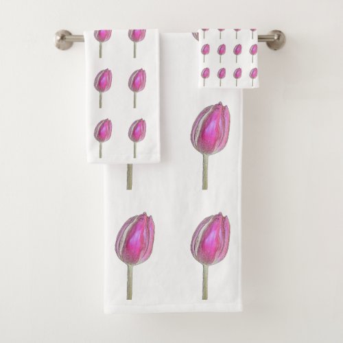 Floral Pink Tulip Flower Bud Patterns White Cute Bath Towel Set
