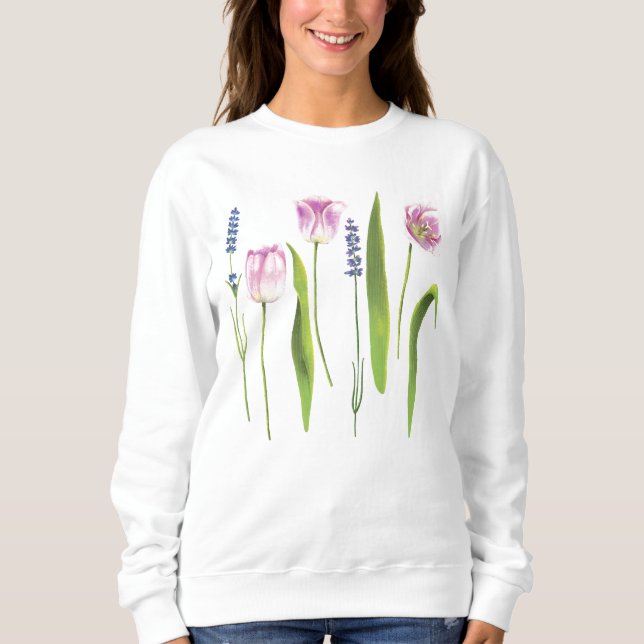Floral Pink Tulips Lavender Flowers | Holidays Sweatshirt (Front)