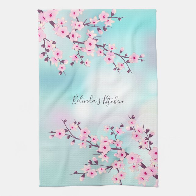 Floral Pink Turquoise Cherry Blossom Add Name Kitchen Towel (Vertical)