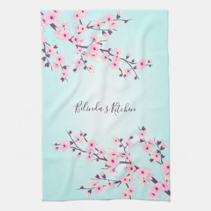 Floral Pink Turquoise Cherry Blossoms Personalize Kitchen Towel