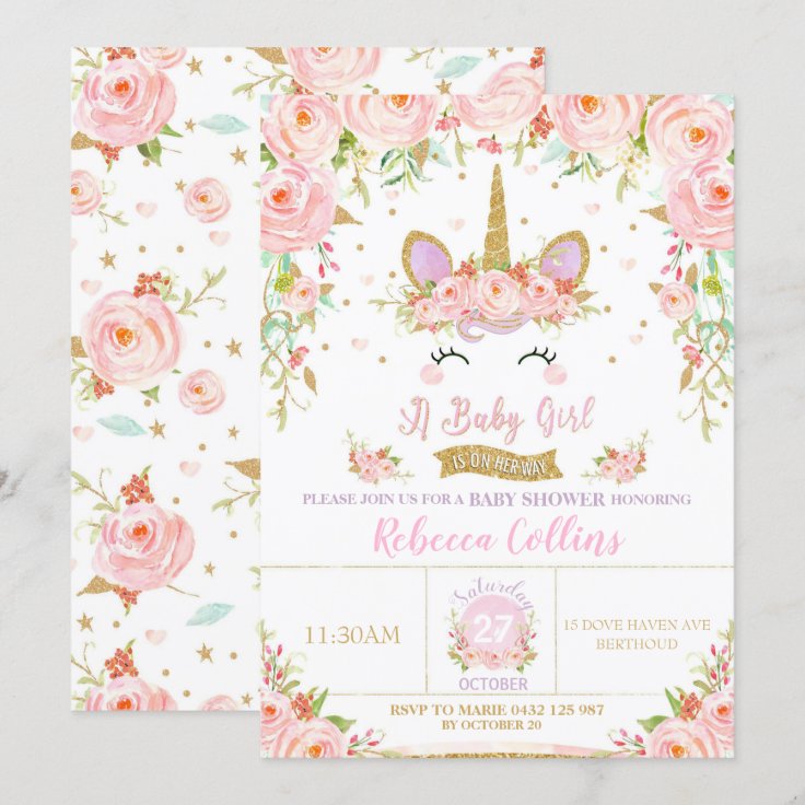 Floral Pink Unicorn Baby Shower Invitation Girl Zazzle