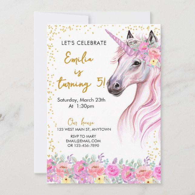 Floral Pink Unicorn Birthday Invitation (Front)