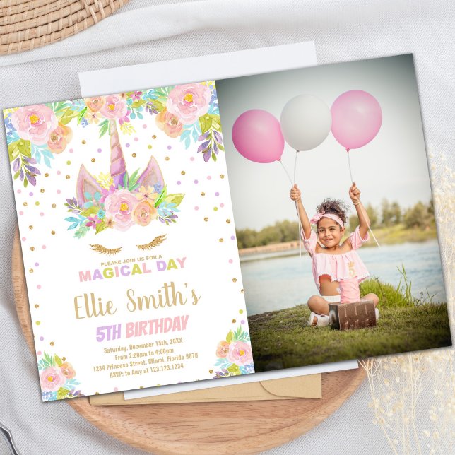 Floral Pink Unicorn Birthday Invitation with Photo (Floral Pink Unicorn Birthday Invitations w photo)