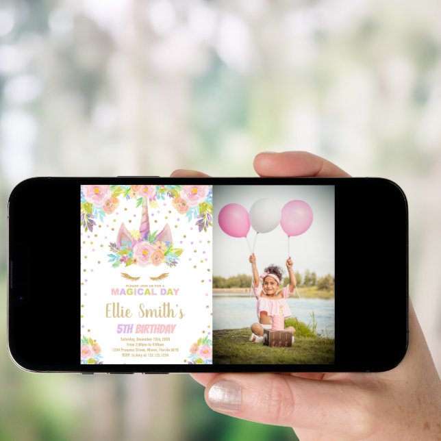 Floral Pink Unicorn Birthday Invitation with Photo (Front Digital)