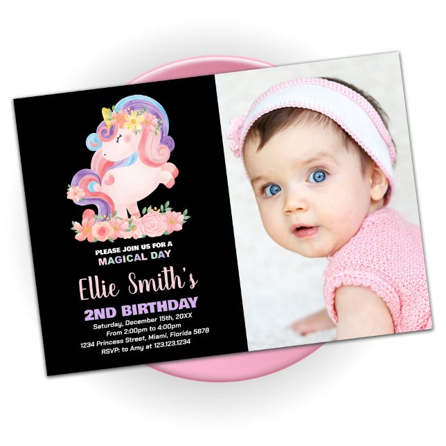 Floral Pink Unicorn Birthday Invitations w Photo (Creator Uploaded)