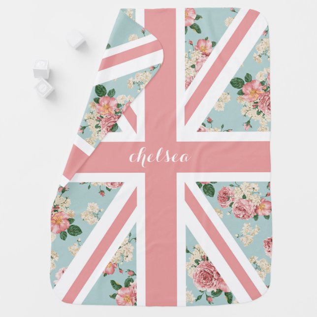 Floral Pink Union Jack UK Flag Baby Blanket (In Situ)