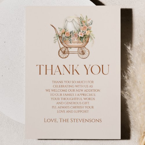 Floral Pink Vintage Baby Carriage Baby Shower Thank You Card