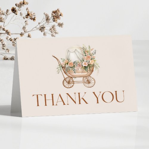 Floral Pink Vintage Baby Carriage Baby Shower Thank You Card