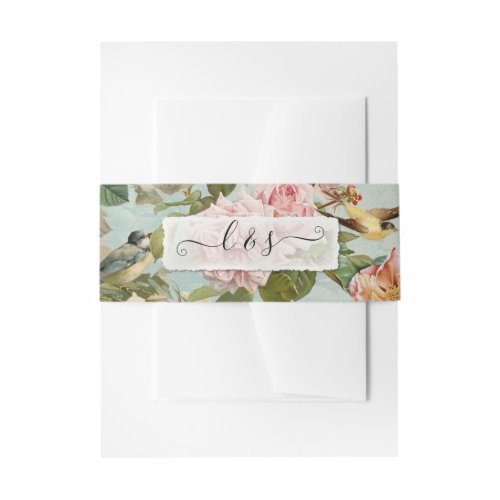 Floral Pink Vintage Elegant Blush Blue Script Bird Invitation Belly Band