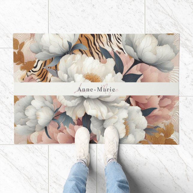 Floral pink vintage elegant tiger doormat (Indoor)
