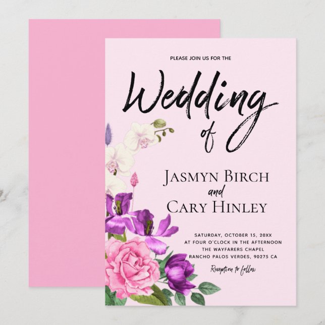 Floral Pink Violet Watercolor Romantic Wedding Invitation (Front/Back)