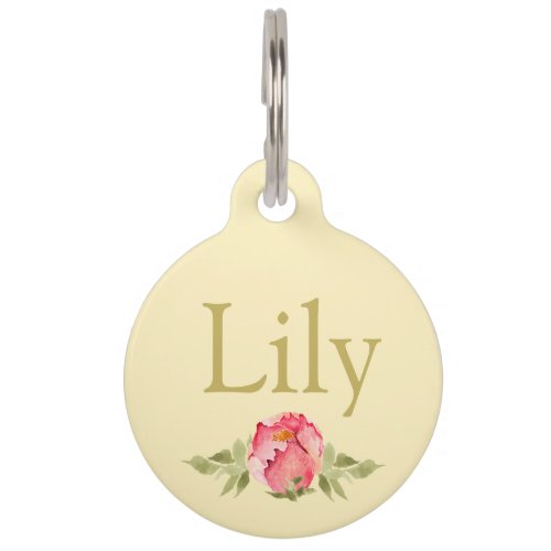 Floral pink water colour roses gold lettered pet ID tag