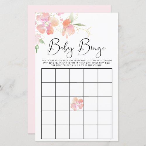 Floral Pink Watercolor Baby Bingo Shower Game