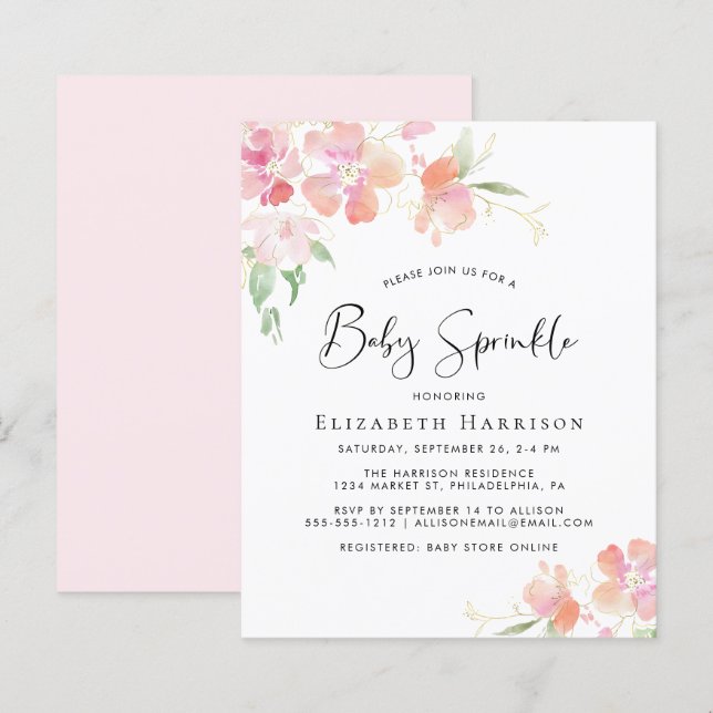 Floral Pink Watercolor Baby Sprinkle Invitation (Front/Back)
