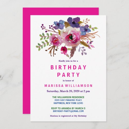 Floral Pink Watercolor Birthday Party Invitation