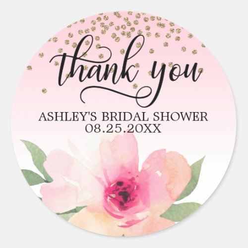 Floral Pink Watercolor Bridal Shower Thank You Classic Round Sticker