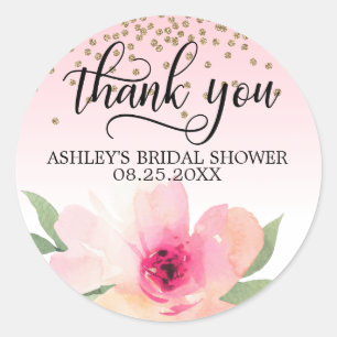 Floral Pink Watercolor Bridal Shower Thank You Classic Round Sticker