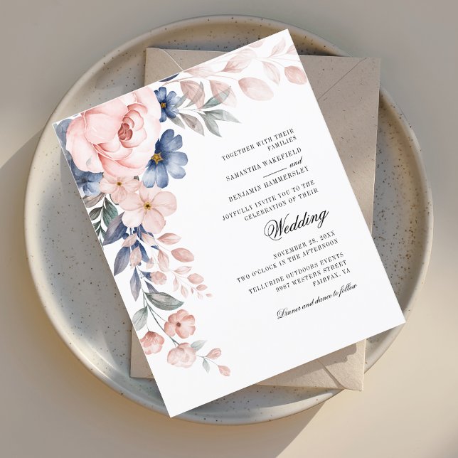 Floral Pink Watercolor Greenery Wedding Invitation (Watercolor Floral Pink Script Modern Wedding Invitation)