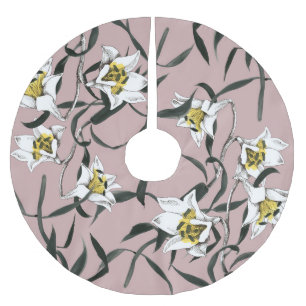 Floral Pink: Watercolor Hand-Drawn Pattern Brushed Polyester Tree Skirt