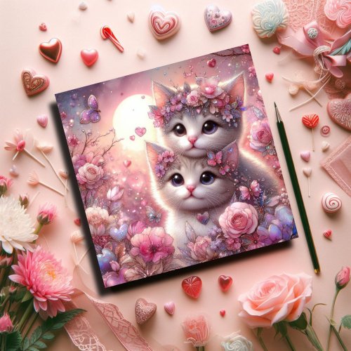 Floral Pink Watercolor Love Kittens Valentine  Holiday Card