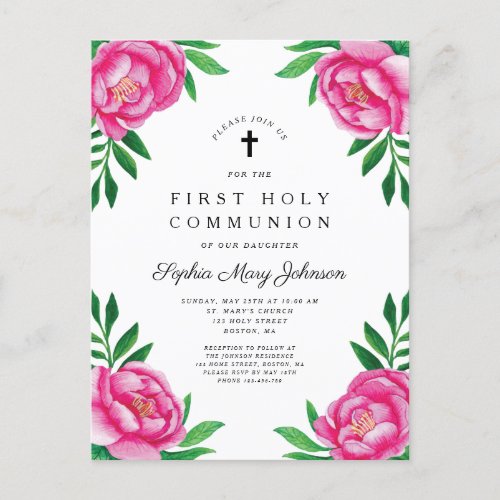 Floral Pink Watercolor Peonies First Communion Invitation Postcard