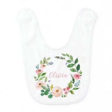Floral pink watercolor personalized baby bib