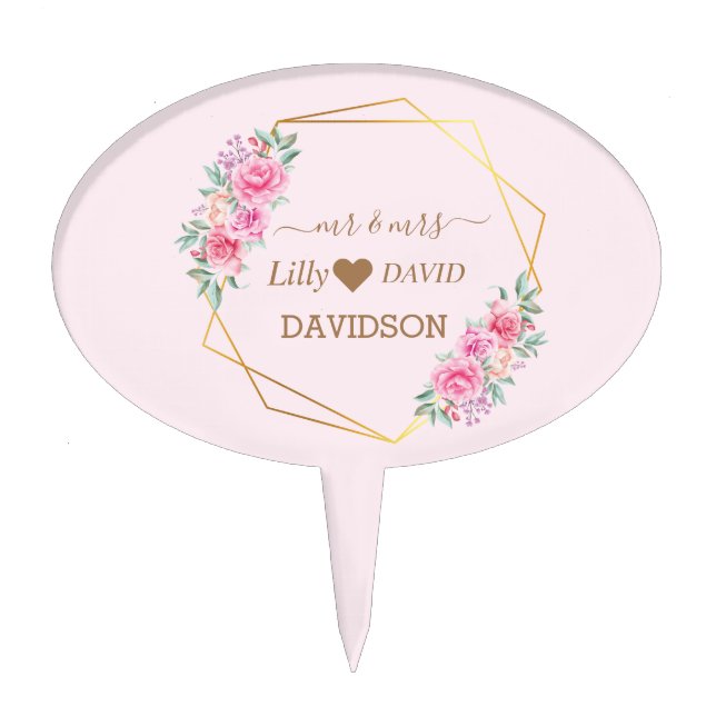 Floral Pink wedding   Cake Topper (Front)