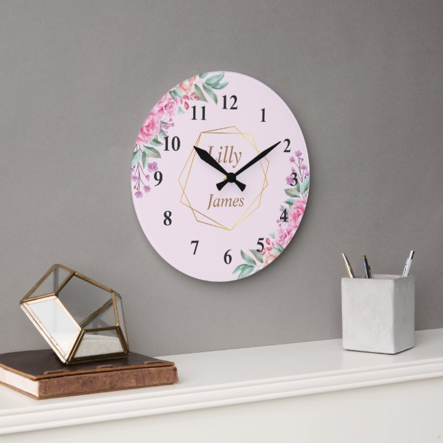Floral Pink wedding  Large Clock (Office)