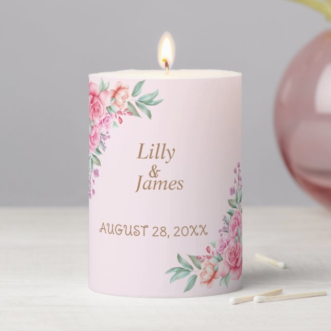 Floral Pink wedding Pillar Candle (In Situ)