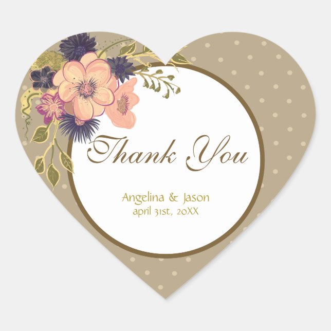 Floral Pink Wedding Thank You Favor Heart Sticker (Front)