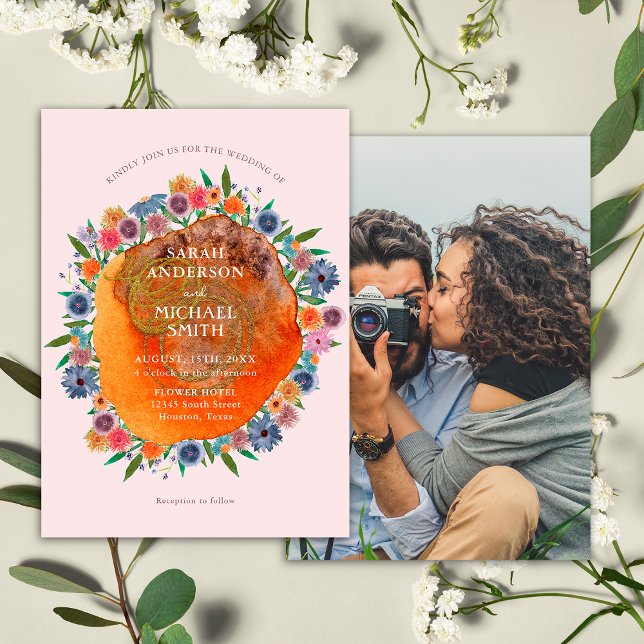 Floral Pink Whimsical Wildflower Photo Wedding Invitation (Front/Back)