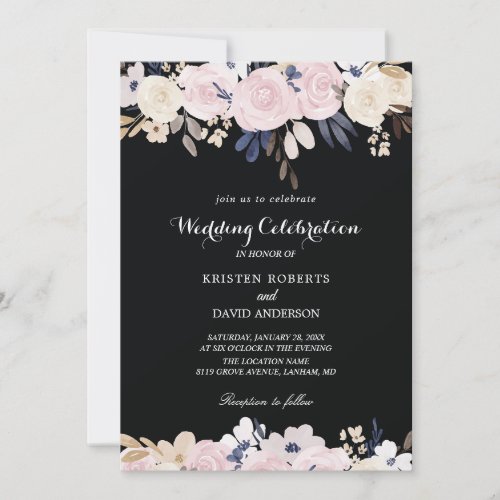 floral pink white and black wedding invitations