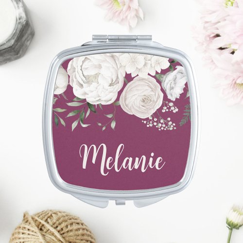 Floral Pink White Bridesmaid Survival Kit Name Compact Mirror