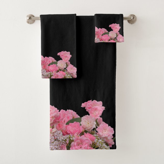 Floral Pink  White Flowers black Background Bath Towel Set (Insitu)