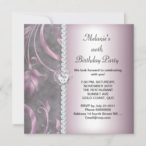 Floral Pink White Gray Birthday Party Personalized Announcements