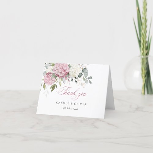 Floral Pink White Hydrangea Greenery Wedding Thank You Card