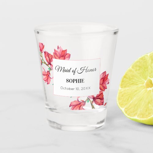 Floral Pink White Maid of Honor Wedding Shot Glass