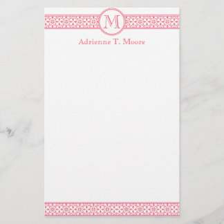 Floral Pink White Monogram Initial Stationery