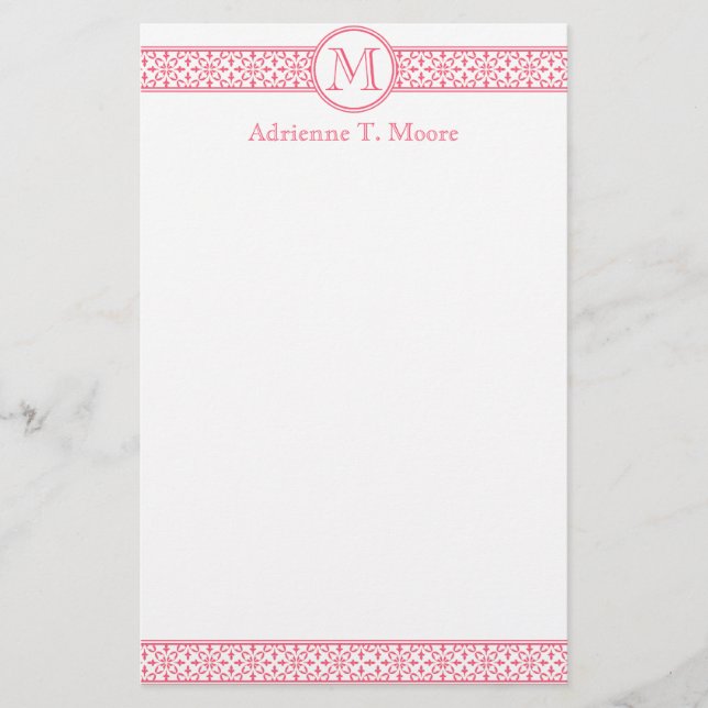 Floral Pink White Monogram Initial Stationery (Front)