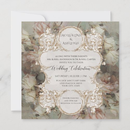  Floral Pink White Rose Gold Gilded Vintage Script Invitation