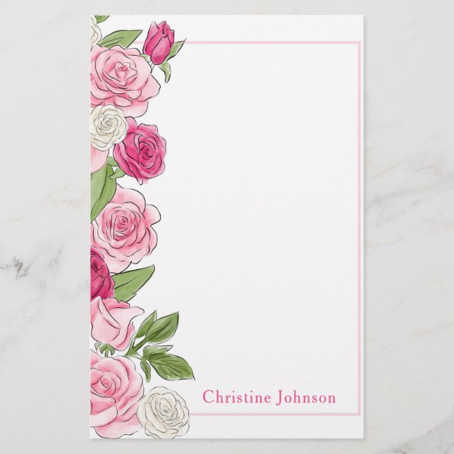Floral Pink & White Roses Personalized Stationery (Front)