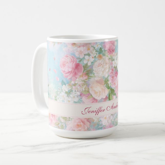 Floral Pink & White Roses with Custom Name Coffee Mug (Front Left)