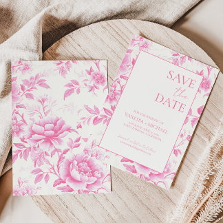 Floral Pink White Toile De Jouy Save The Date