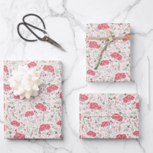 FLORAL PINK WILDFLOWERS PATTERN ON IVORY WRAPPING PAPER SHEETS