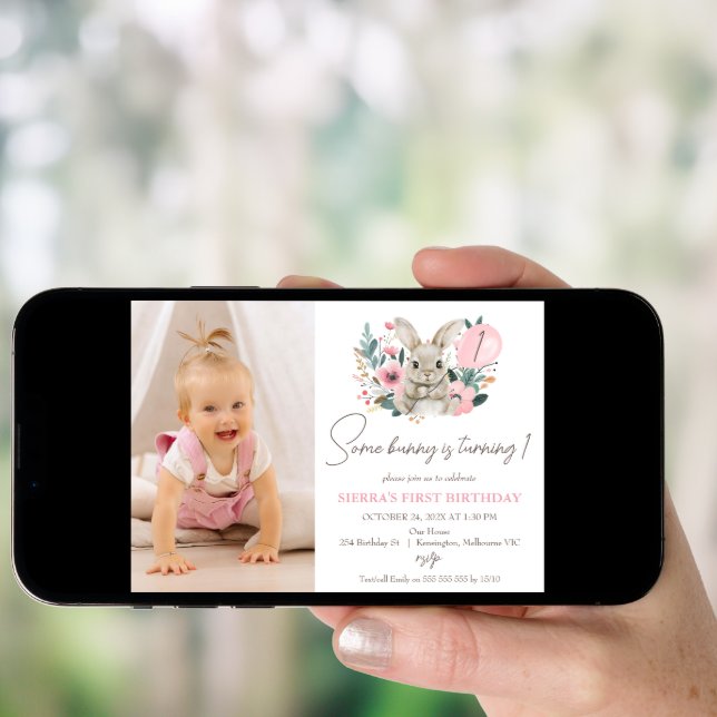 Floral Pink With Photo Some Bunny 1st Birthday Invitation (Front Digital)