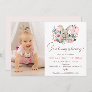 Floral Pink With Photo Some Bunny 1st Birthday Invitation